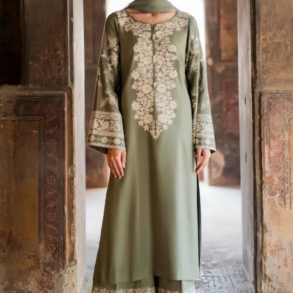 Shalwar kameez. Olive Green Embroidered Tunic Set